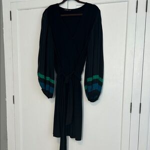 Taylor Black Dress with Green and Blue Sleeve Accents